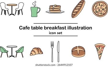Cafe table and breakfast food vector icon set – hand-drawn style illustrations of pancakes, coffee cup, croissant, pizza slice, baguette, table and chairs, fork and knife on white background