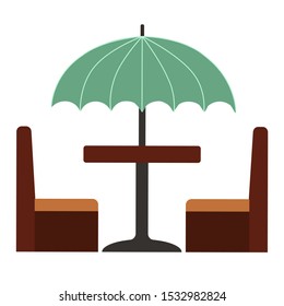 Cafe table, brown leather chairs and green umbrella - vector