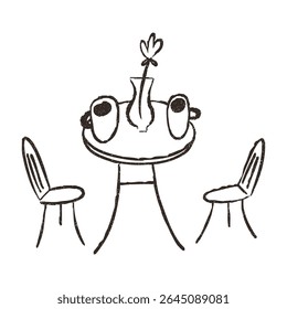 Cafe table with chairs and coffee, hand drawn doodle, vector illustration isolated on white background. Outline sketch style with grunge vintage texture. Cafe concept.