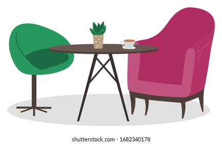 Cafe table and chairs in coffee shop. Coffeehouse interior design isolated wooden desk with plant and served cup of coffee. Armchairs of different style. Beverage and comfortable furniture vector