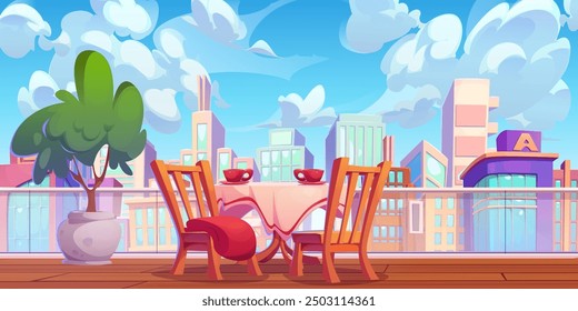 Mesa de café y sillas en la terraza de la azotea con edificios de varios pisos de la ciudad detrás de las barandillas. Balcón de madera de Vector de dibujos animados con muebles de cafetería u hotel, tazas con bebida, manta y planta en olla.