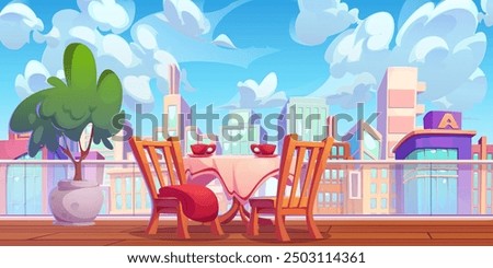 Cafe table and chairs on rooftop terrace with city multistory buildings behind railings. Cartoon vector wooden balcony with cafeteria or hotel furniture, cups with drink, blanket and plant in pot.