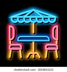 cafe table chairs and umbrella neon light sign vector. Glowing bright icon cafe table chairs and umbrella sign. transparent symbol illustration