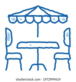 cafe table chairs and umbrella sketch icon vector. Hand drawn blue doodle line art cafe table chairs and umbrella sign. isolated symbol illustration