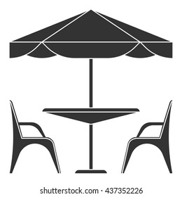 Cafe table and chairs under an sunshade isolated on white background. Black silhouette of street restaurant umbrella. Vector illustration