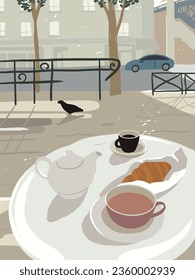 Cafe table city street. French breakfast outdoor. Espresso, teapot of hot tea, croissant. Coffee cup in coffeehouse. City landscape, building, car, pigeon. Morning food and drink vector illustration