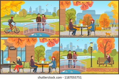 Cafe table and coffee cups autumn park and activities of people set vector. Couple on bridge, biker on road, woman talking on phone, trees and foliage