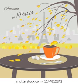 Cafe table with cup of coffee and Paris background. Vector illustration.