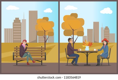 Cafe with table and customers couple set vector. Woman female talking on mobile phone and sitting on wooden bench. Vase with decorative leaves foliage