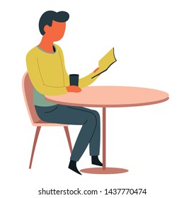 Mesa de café hombre leyendo libro y bebida taza aislado personaje masculino vectorial cafetería o comedor de oficina descanso de café educación y conocimiento trabajador o almuerzo de estudiante bebida caliente y libro de texto.