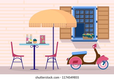 Cafe table near window and scooter