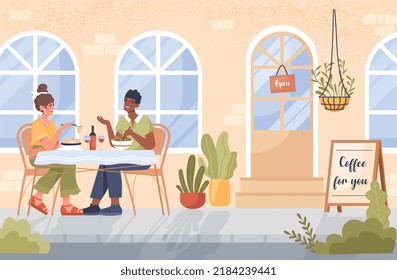 Cafe table outside. Man and woman sit at table and eat salads with wine. Romantic date, young couple having food in restaurant. Love and care, summer terrace. Cartoon flat vector illustration