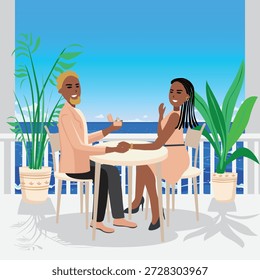 Em uma mesa de café com vista para o mar, um jovem feliz propõe a uma bela mulher. Dia dos Namorados. Ilustração vetorial de um casal apaixonado.