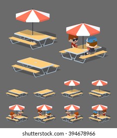 Cafe table with sun umbrella. 3D lowpoly isometric vector illustration. The set of objects isolated against the grey background and shown from different sides