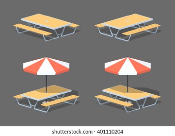 Cafe table with sun umbrella. 3D lowpoly isometric vector illustration. The set of objects isolated against the grey background and shown from two sides