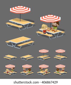 Cafe table with sun umbrella. 3D lowpoly isometric vector illustration. The set of objects isolated against the grey background and shown from different sides