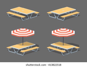 Cafe table with sun umbrella. 3D lowpoly isometric vector illustration. The set of objects isolated against the grey background and shown from two sides