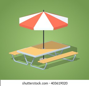 Cafe table with sun umbrella against the green background. 3D lowpoly isometric vector illustration