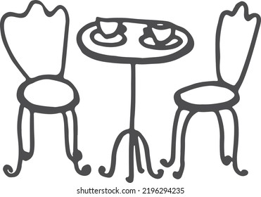 Cafe table with two chairs. Hand drawn decorative furniture