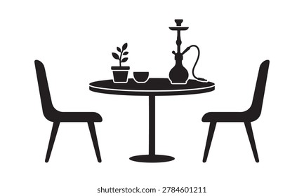 Cafe table with two chairs plant pot and hookah lounge vector illustration silhouette isolated on white background