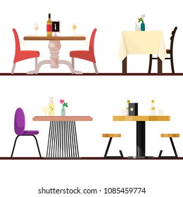 Cafe tables in restaurant setting vector dining furniture table and chair for romantic lunch dinner date in cafeteria illustration isolated on white background