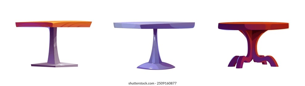 Cafe tables set isolated on white background. Vector cartoon illustration of round and square wooden and metal desks on one leg, dining room, restaurant, cafeteria furniture, interior elements