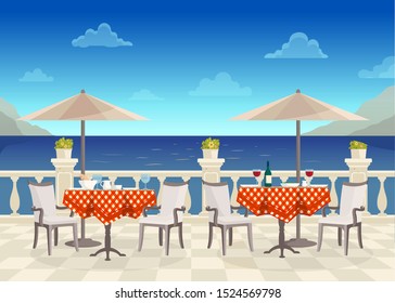 Cafetería con mesas bajo sombrillas con vistas al mar. Verano, vacaciones.Ilustración vectorial en estilo plano.