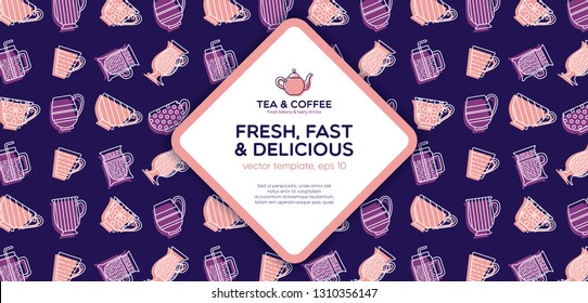 Cafe, tea shop banner template with logo badge and outline pattern of cup and mug. Card flyer poster illustration with your text for bar, restaurant, menu, promotion. Flat style vector illustration.
