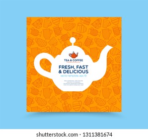 Cafe, tea shop banner template with logo badge and outline pattern of cup and mug. Card flyer poster illustration with your text for bar, restaurant, menu, promotion. Flat style vector illustration.