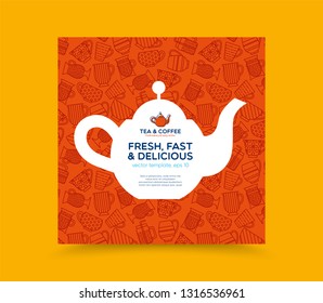 Cafe, tea shop banner template with logo badge and outline pattern of cup and mug. Card flyer poster illustration with your text for bar, restaurant, menu, promotion. Flat style vector illustration.