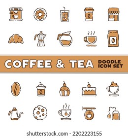 Cafe Tea shop. Set of hand drawn coffee and tea time doodles: drinks, desserts, beans and other related objects.