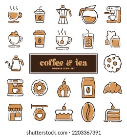 Cafe  Tea shop. Set of hand drawn coffee and tea time doodles: drinks, desserts, beans and other related objects.