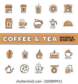 Cafe  Tea shop. Set of hand drawn coffee and tea time doodles: drinks, desserts, beans and other related objects.