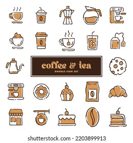Cafe  Tea shop. Set of hand drawn coffee and tea time doodles: drinks, desserts, beans and other related objects.