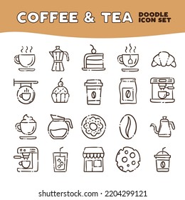 Cafe  Tea shop. Set of hand drawn coffee and tea time doodles: drinks, desserts, beans and other related objects.