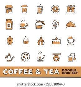 Cafe  Tea shop. Set of hand drawn coffee and tea time doodles: drinks, desserts, beans and other related objects.