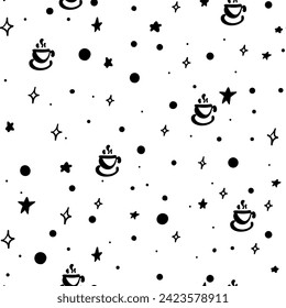 Cafe template with doodle cups, stars and dots. Seamless texture for menu design.