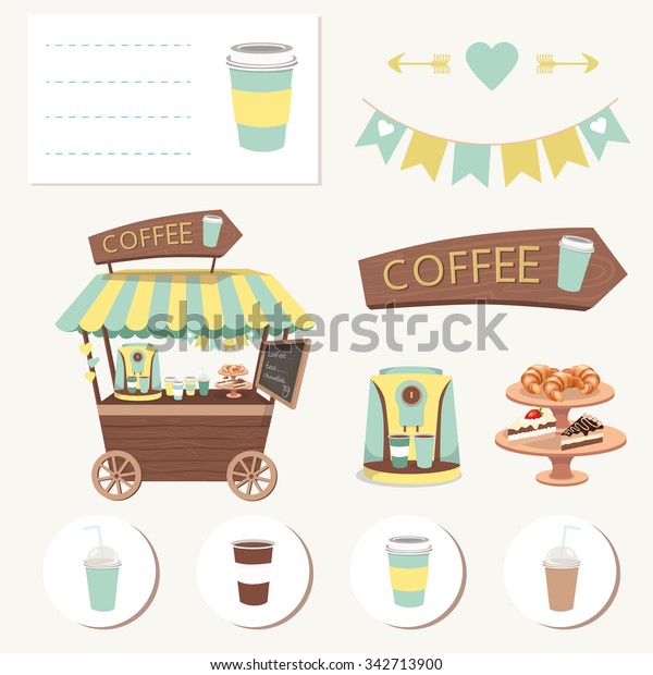 Cafe, tent or Coffee Shop. Stand on wheels\
with Coffee. Vector illustration. Cartoon Coffee market store car\
icon. Coffee to go. Coffee menu template. Coffee visit card for\
restaurant.