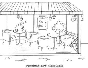 Cafe terrace interior graphic black white sketch illustration vector