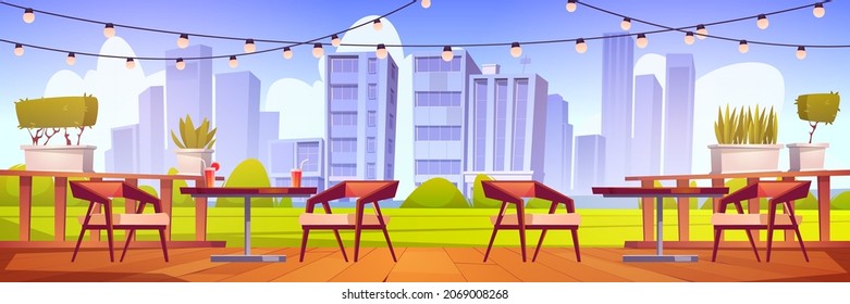 Cafe terrace with wooden tables, chairs, green lawn and city view. Vector cartoon illustration of empty patio of restaurant with drinks on table, plants and garland with light bulbs