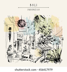 A cafe in Ubud, Bali, Indonesia, Asia. Hand drawing. Travel sketchy postcard, poster or book illustration in vector