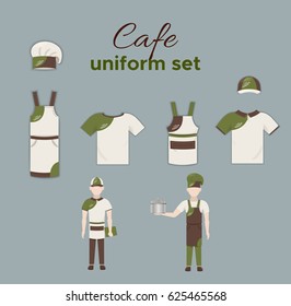 Cafe uniform collection with hat cap aprons shirts waiter chef holding saucepan isolated vector illustration