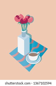  Cafe. Vase with roses and coffee.