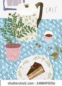 Cafe. Vector cute illustration of a still life on a table in the kitchen. Top view on teapot, coffee, plant and dessert. Drawings of objects of the Scandinavian style hugg
 
