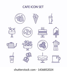 Cafe vector icon set. Waffles, ice cream, coffee, tea, croissants, macaroons, cake, donuts, candy, pretzels.