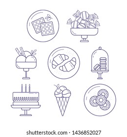 Cafe vector icon set. Waffles, ice cream, coffee, tea, croissants, macaroons, cake, donuts, candy, pretzels.