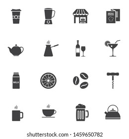 Cafe vector icons set, modern solid symbol collection, filled style pictogram pack. Signs, logo illustration. Set includes icons as restaurant menu, cocktail drink, coffee beans, tea, beer, milk, wine