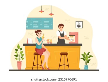 Cafe Vector Illustration of Interior with Bar stand, Table and Armchairs in Flat Cartoon Hand Drawn Landing Page Restaurant Background Templates