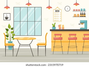 Cafe Vector Illustration of Interior with Bar stand, Table and Armchairs in Flat Cartoon Hand Drawn Landing Page Restaurant Background Templates