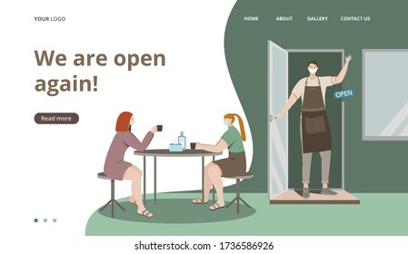 Cafe Vector illustration template for landing,webpage.We are working again after coronavirus.Reopening.Welcome back after pandemic.Open a cafe, shop,store,restaurant,bakery.Small business.Barista